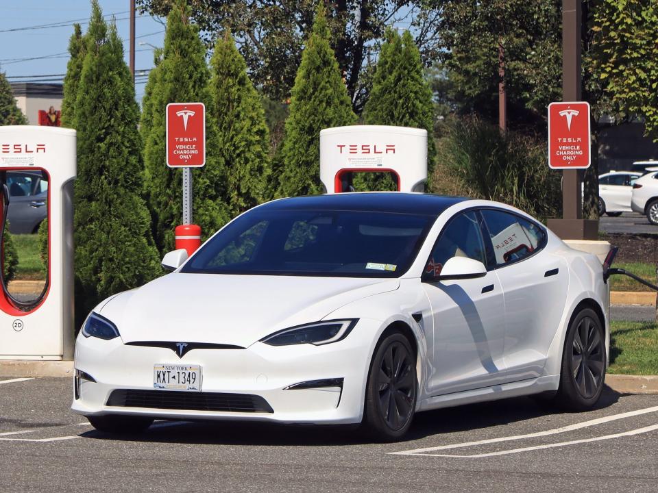 A Tesla Model S at a charging station in New York.