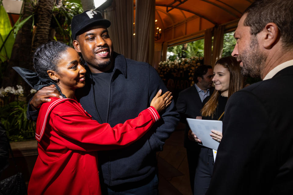 Los Angeles, CA - January 13: Ayo Edebiri, Lionel Boyce and Ebon Moss-Bachrach, from left, from FXs, The Bear, at the AFI Awards at Four Seasons hotel, in Los Angeles, CA, Friday, Jan. 13, 2023. The entertainment industrys biggest names mingle, on the awards seasons road toward the Oscars. (Jay L. Clendenin / Los Angeles Times via Getty Images)