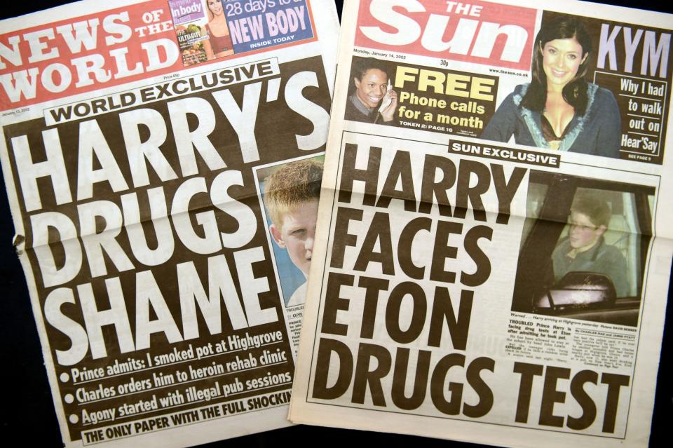 Newspapers reporting on Prince Harry's use of drugs