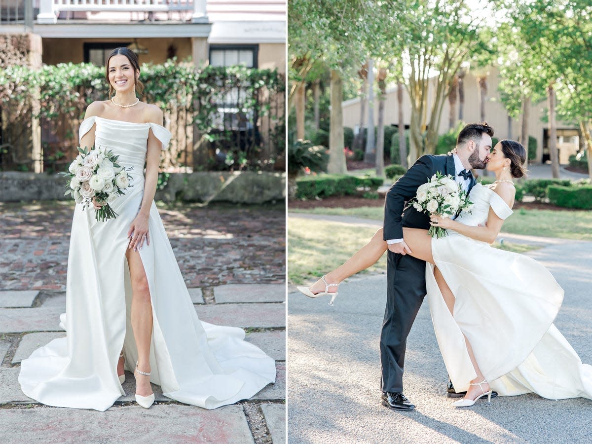A side-by-side of a bride in her wedding dress and the bride kissing her groom as he dips her.
