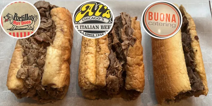 three italian beef sandwiches side by side, left to right Portillo's, Al's, Buona