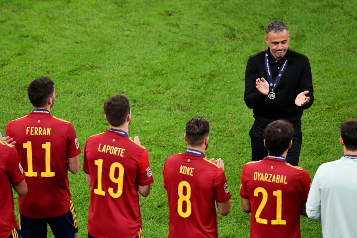 MILAN, ITALY - OCTOBER 10: Luis Enrique, Head Coach of Spain looks on following the UEFA Nations League 2021 Final match between Spain and France at San Siro Stadium on October 10, 2021 in Milan, Italy. (Photo by Marco Bertorello - Pool/Getty Images)