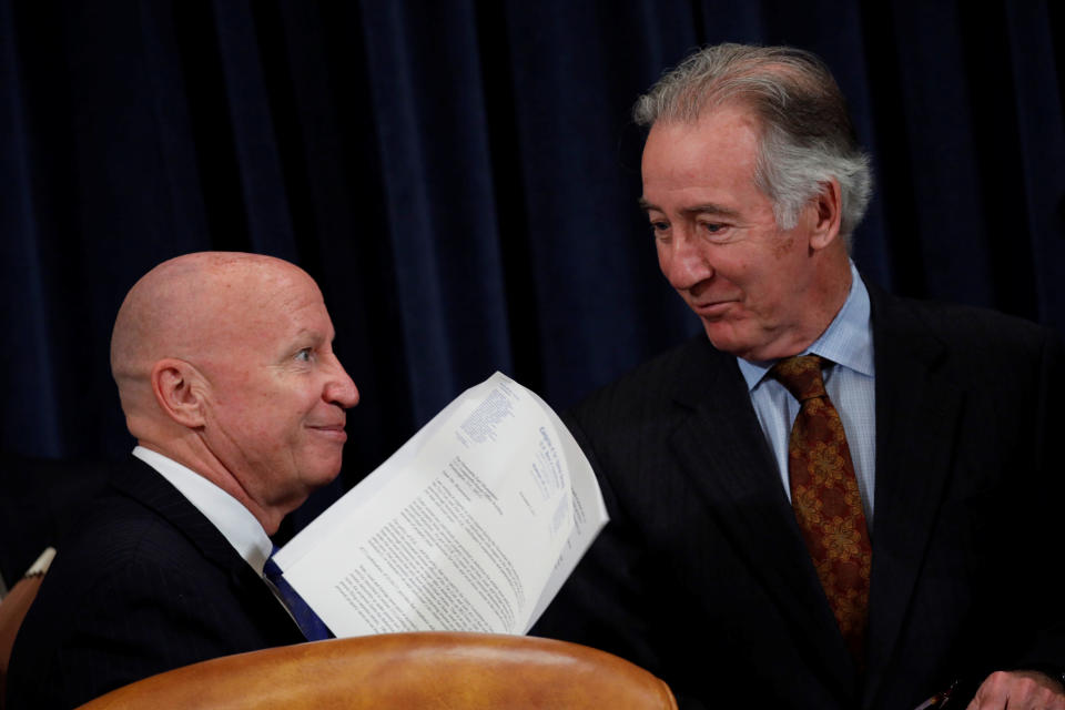 Rep. Kevin Brady (R-TX) speaks with Rep. Richard Neal (D-MA) prior to a House Ways and Means Committee markup of the Republican Tax Reform legislation on Capitol Hill in Washington, U.S., November 9, 2017. REUTERS/Aaron P. Bernstein