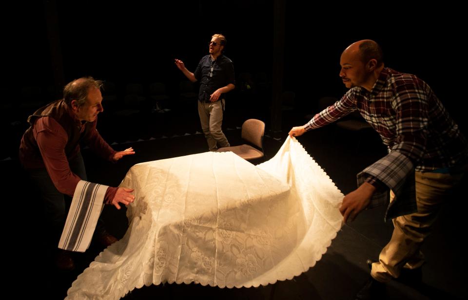 Chris Donnelly, left, Thomas Richardson, center, and William Donaldson rehearse a scene for Actors From the London Stage's production of "Much Ado About Nothing."