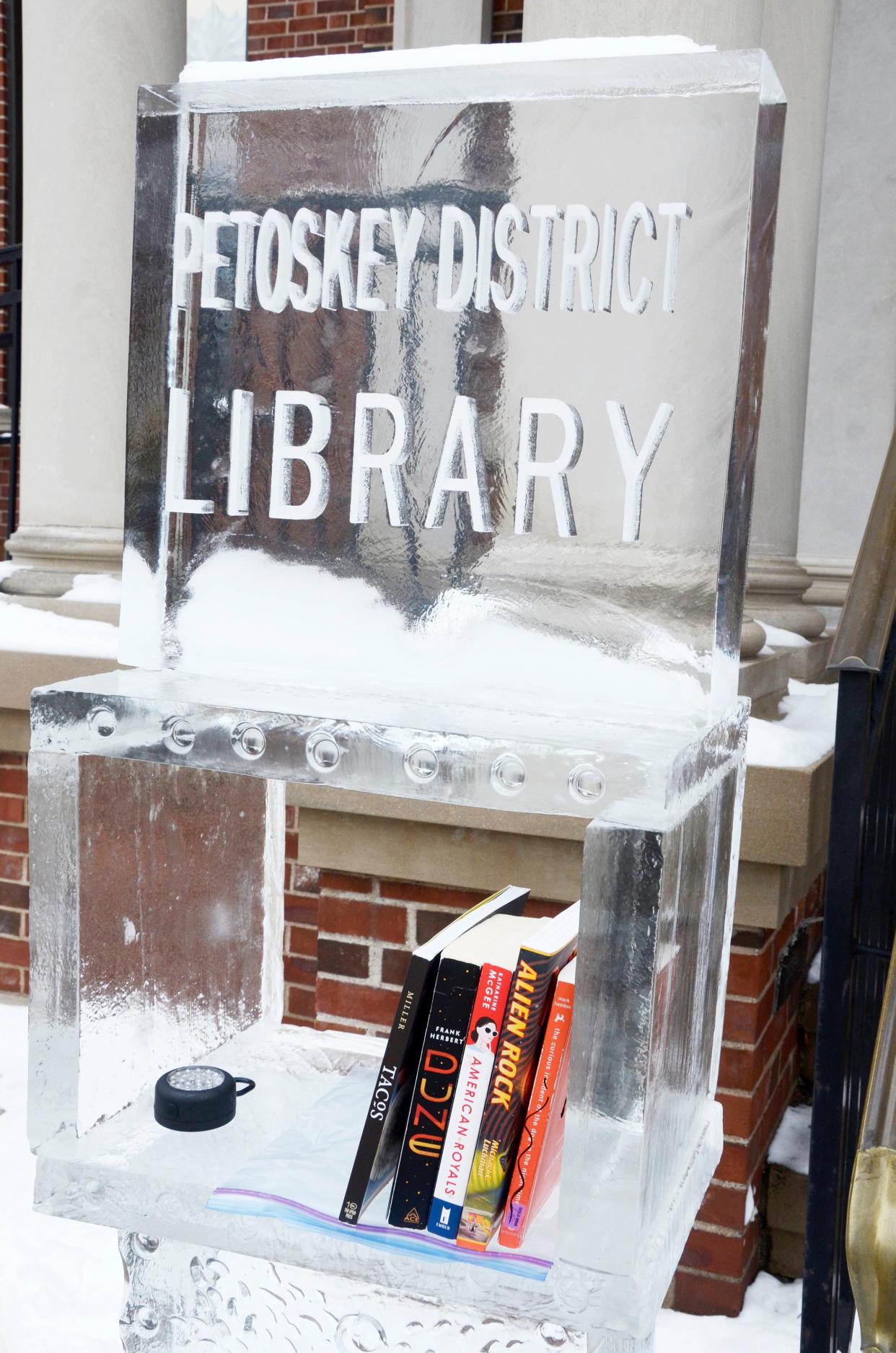 A "Little Freezing Library" is seen outside the Petoskey District Library on Saturday, Feb. 18, 2023 during the Winter Wonderland Weekend.