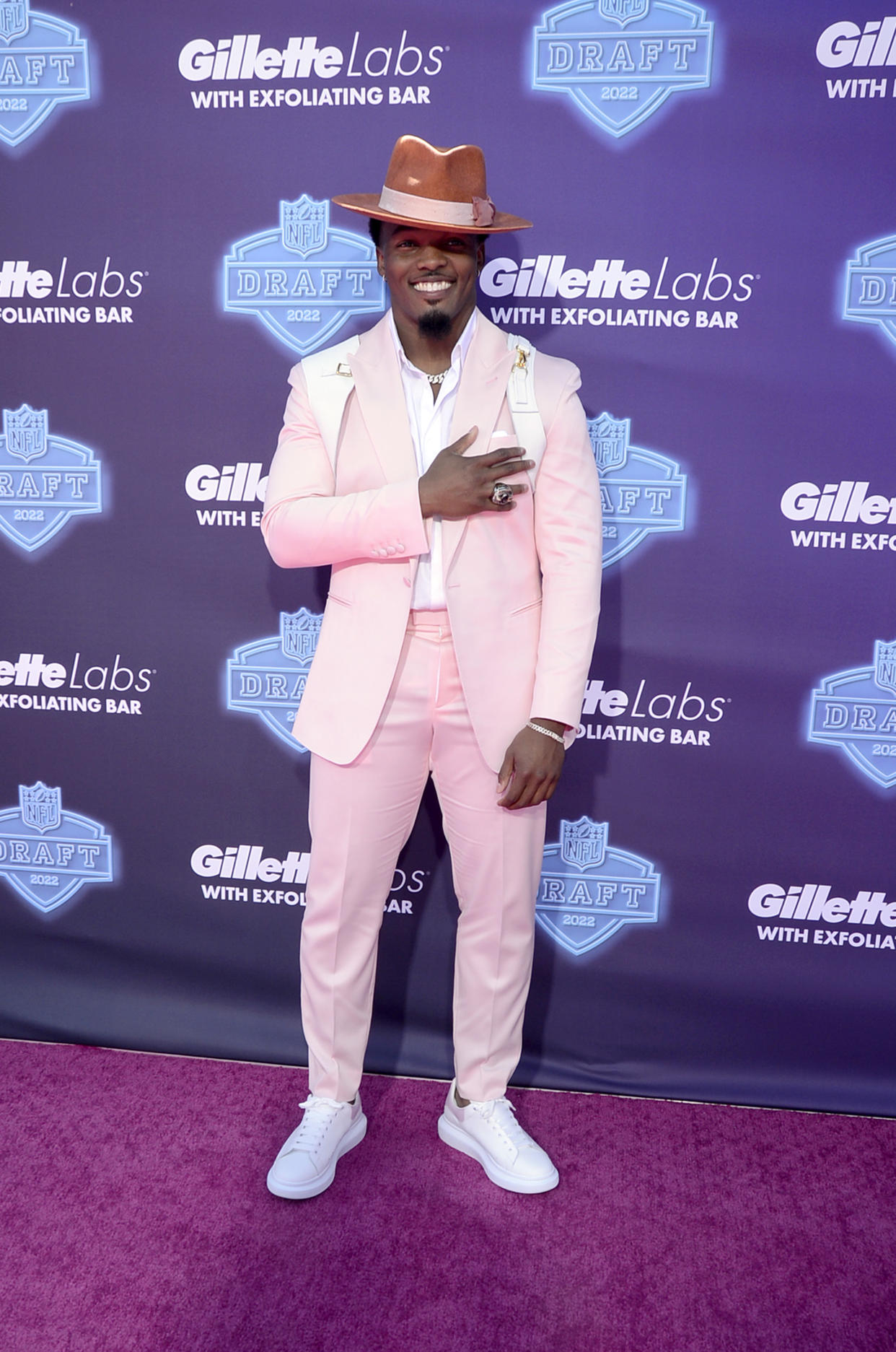 LAS VEGAS, NEVADA - APRIL 28: Nakobe Dean attends the 2022 NFL Draft on April 28, 2022 in Las Vegas, Nevada. (Photo by Mindy Small/Getty Images)