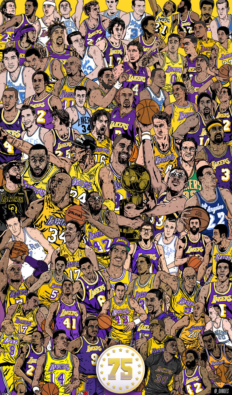 An illustrated collage of The Times' 75 greatest Lakers players.