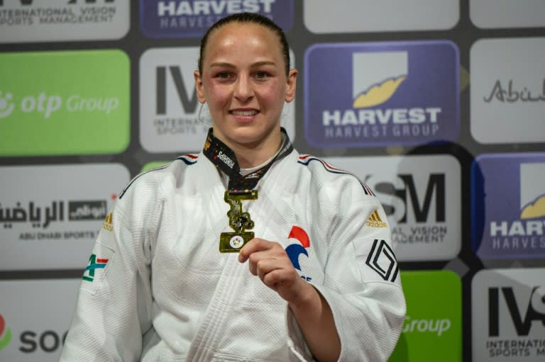 Margaux Pinot, médaillée d'or en -70 kg aux Mondiaux de Judo à Abou Dhabi, le 22 mai 2024 (Ryan LIM)