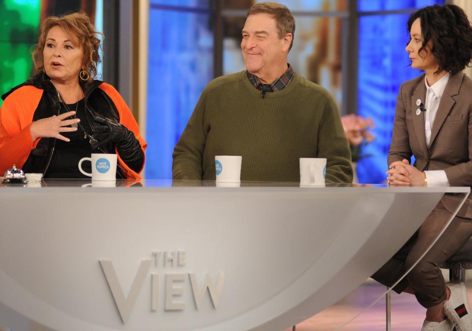 Roseanne Barr, along with castmates John Goodman and Sara Gilbert, during an appearance on "The View" in March.&nbsp; (Photo: Paula Lobo via Getty Images)