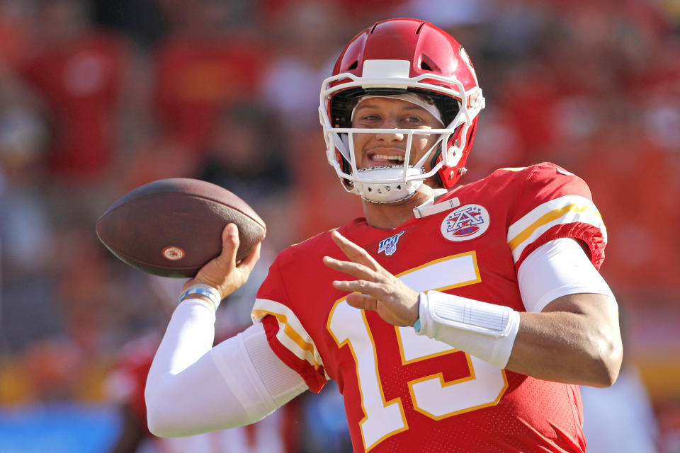 Kansas City Chiefs quarterback Patrick Mahomes warms up before an NFL preseason football game against the Cincinnati Bengals in Kansas City, Mo., Saturday, Aug. 10, 2019. (AP Photo/Colin E. Braley)