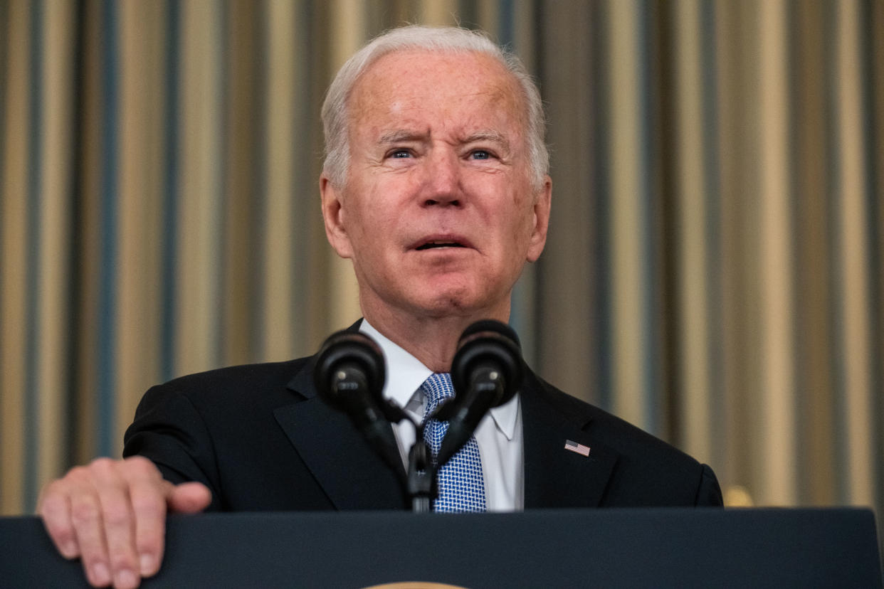 President Joe Biden delivers remarks on the passage of the bipartisan infrastructure bill in the State Dining Room of the White House on Nov. 6, 2021, in Washington. (Kent Nishimura/Los Angeles Times via Getty Images)