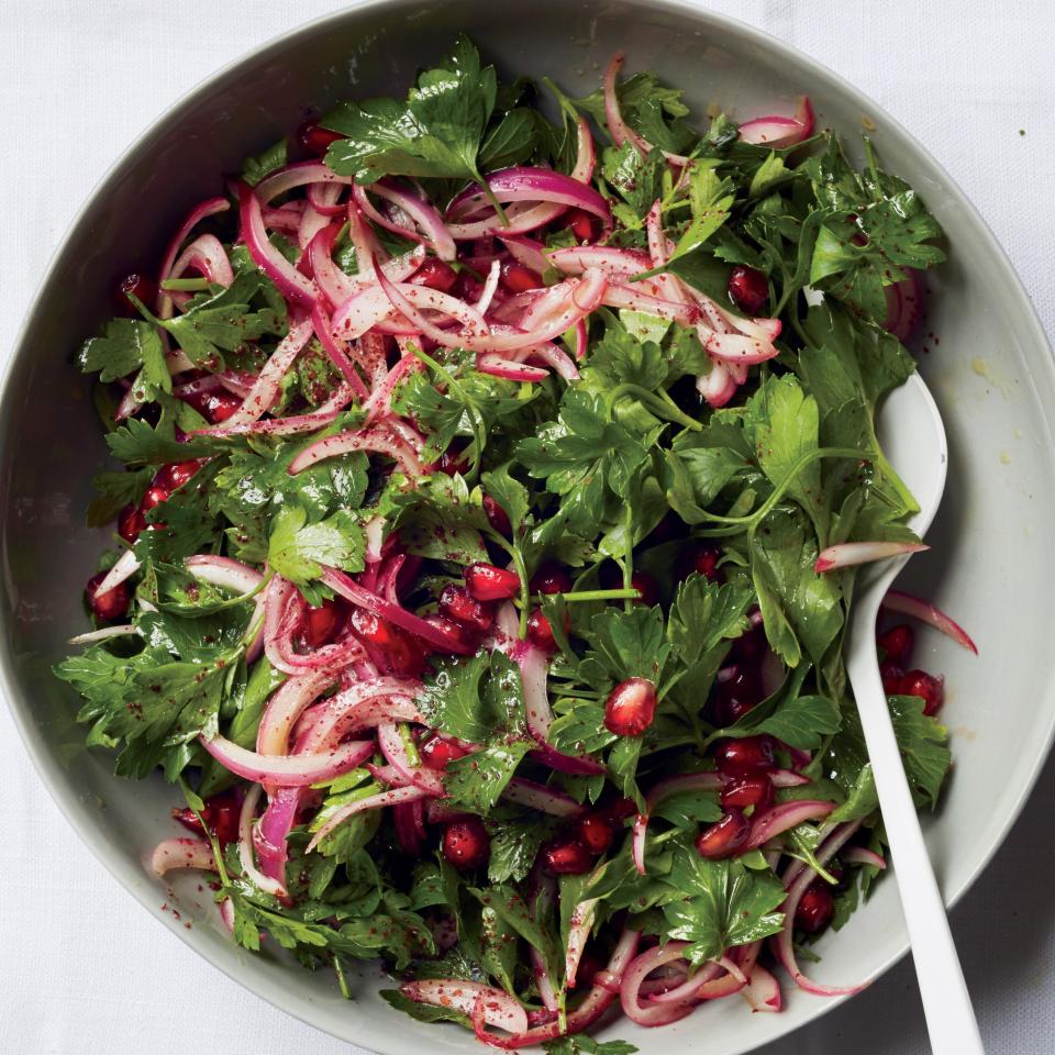 In this recipe, parsley isn't just a garnish, it's a salad green. Sweet pomegranate molasses and tart sumac make it vibrant. <a href="https://www.epicurious.com/recipes/food/views/parsley-red-onion-and-pomegranate-salad-51242290?mbid=synd_yahoo_rss" rel="nofollow noopener" target="_blank" data-ylk="slk:See recipe.;elm:context_link;itc:0;sec:content-canvas" class="link ">See recipe.</a>