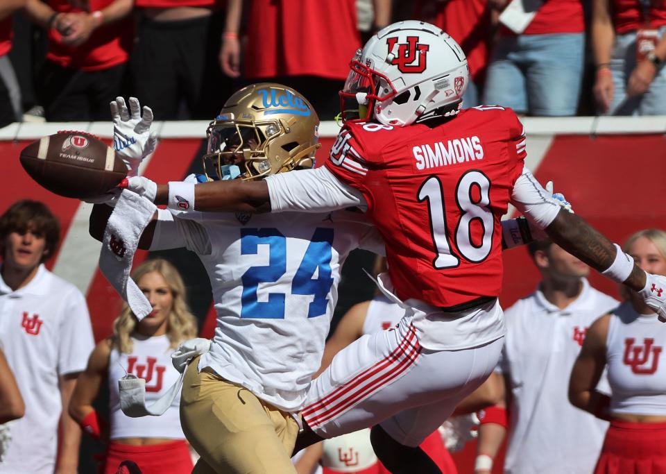 Utah Utes wide receiver Emery Simmons (18) can’t make the catch under pressure from UCLA Bruins defensive back Jaylin Davies (24) in Salt Lake City on Saturday, Sept. 23, 2023. Utah won 14-7. | Jeffrey D. Allred, Deseret News