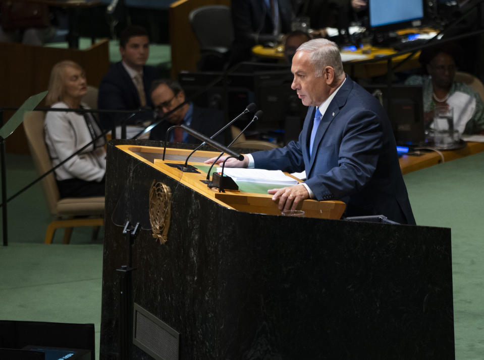 Israeli Prime Minister Benjamin Netanyahu addresses the 73rd session of the United Nations General Assembly, at U.N. headquarters, Thursday, Sept. 27, 2018. (AP Photo/Craig Ruttle)