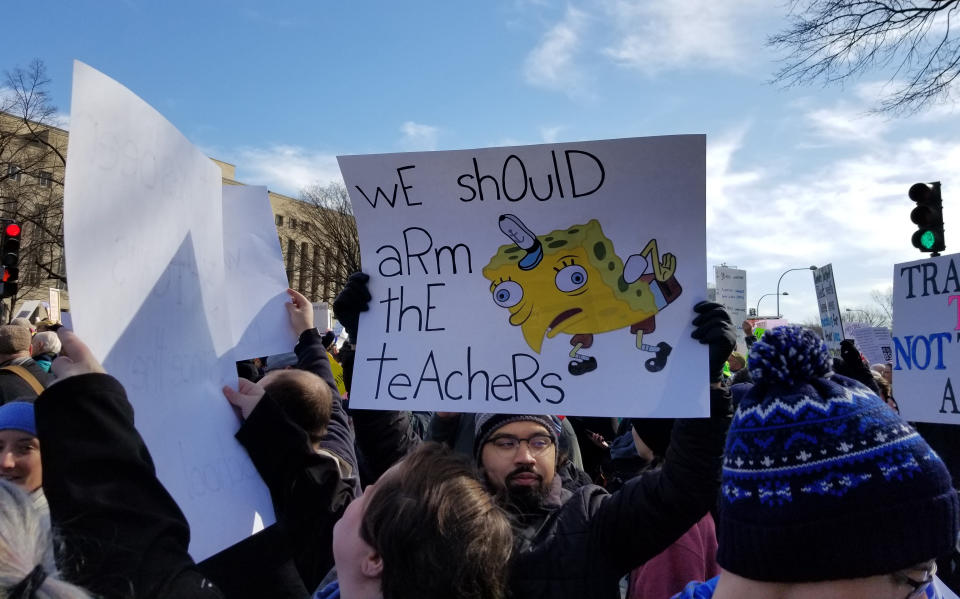 One of the many SpongeBob SquarePants memes at the March for Our Lives in Washington, D.C. (Christopher Wilson/Yahoo News)