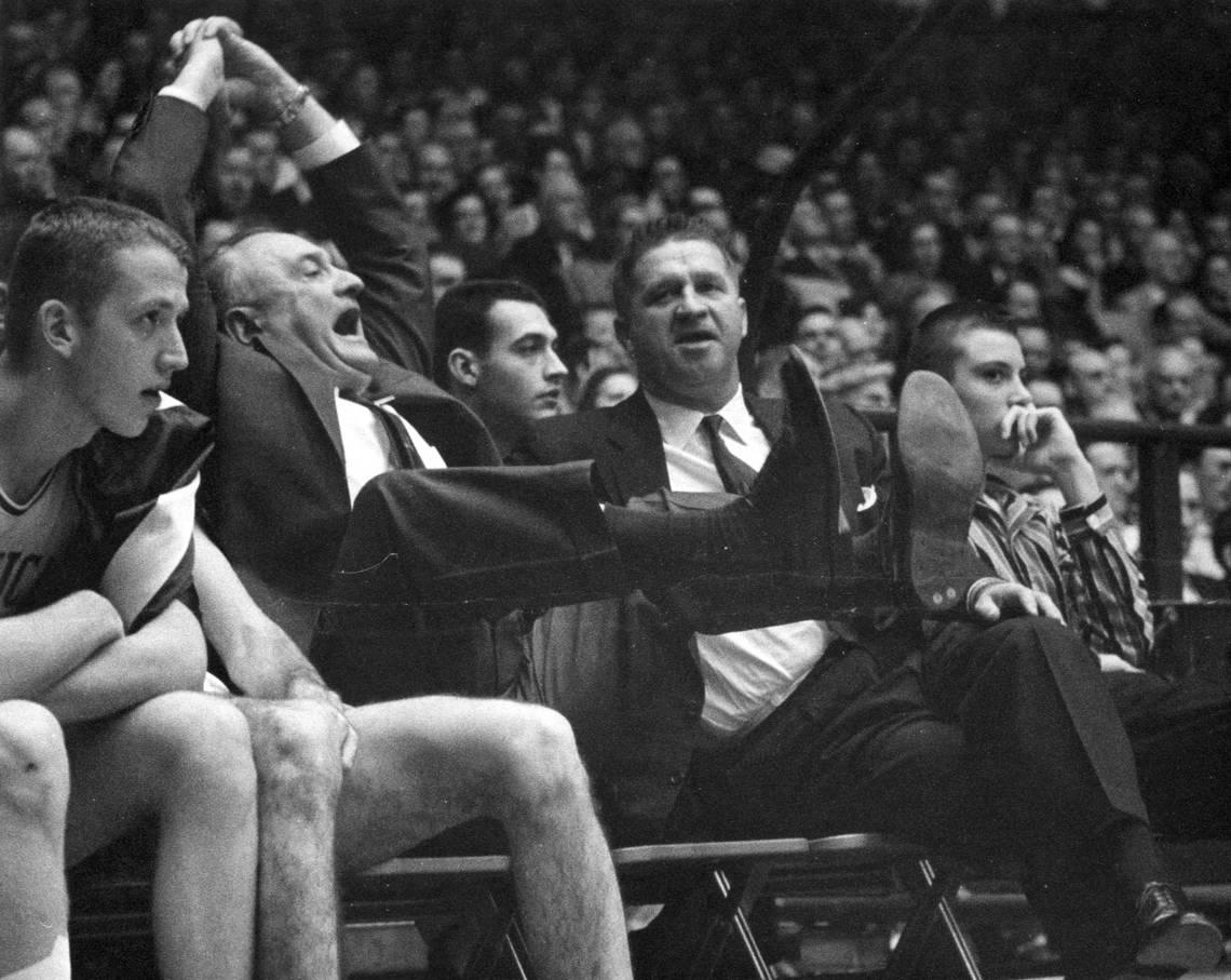 Adolph Rupp reacts to a play during a game in Kentucky’s 1950-51 season. The Cats won the NCAA title that season.