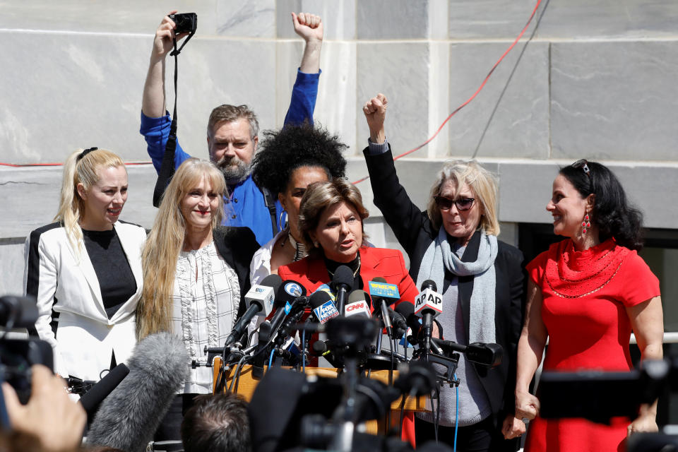 <p>Attorney Gloria Allred stands with accusers of actor and comedian Bill Cosby after a jury convicted him in a sexual assault retrial at the Montgomery County Courthouse in Norristown, Pa., April 26, 2018. (Photo: Brendan McDermid/Reuters) </p>