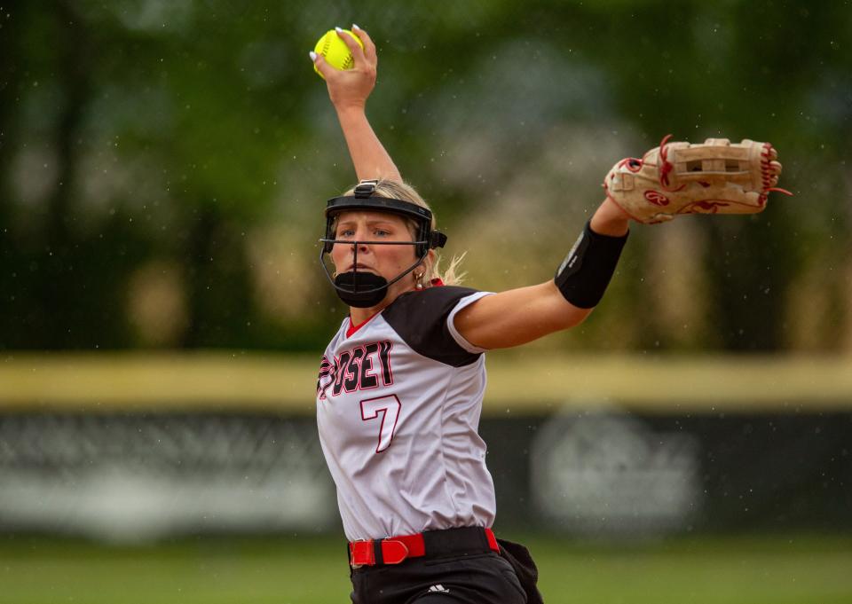 North Posey’s Addison Fullop (7) pitches the ball against the Mater Dei Wildcats as they play at North Posey High School in Poseyville, Ind., Thursday afternoon, April 27, 2023.