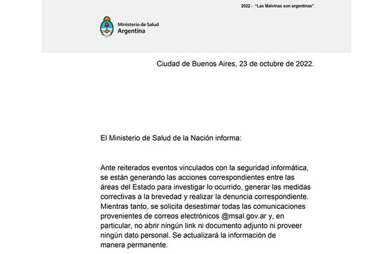 Comunicado que difundió en octubre el Ministerio de Salud, luego de un ciberataque a una de sus bases de datos"