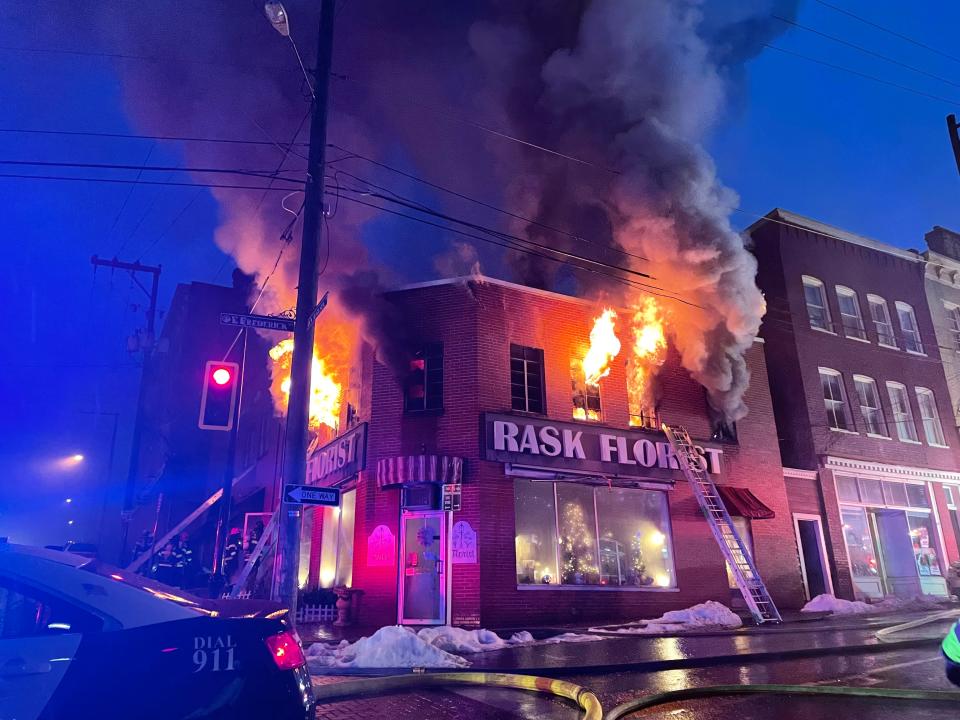 A fire erupted at Rask Florist in downtown Staunton early Thursday morning, Feb. 3, 2022, with several area fire crews called to the scene to battle the blaze. No injuries were reported, but the building sustained heavy damage.