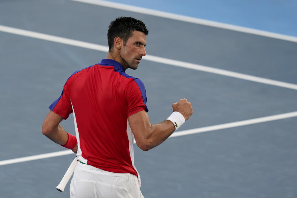 Novak Djokovic, of Serbia, reacts after defeating Alejandro Davidovich Fokina, of Spain, during the third round of the men's tennis competition at the 2020 Summer Olympics, Wednesday, July 28, 2021, in Tokyo, Japan. (AP Photo/Patrick Semansky)