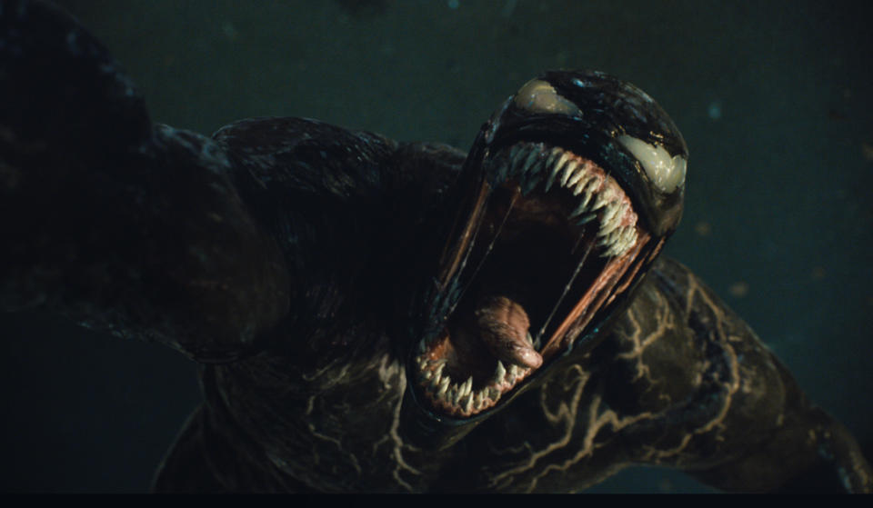 This image released by Sony Pictures shows a scene from "Venom: Let There Be Carnage," releasing Oct. 1. (Sony Pictures Entertainment via AP)