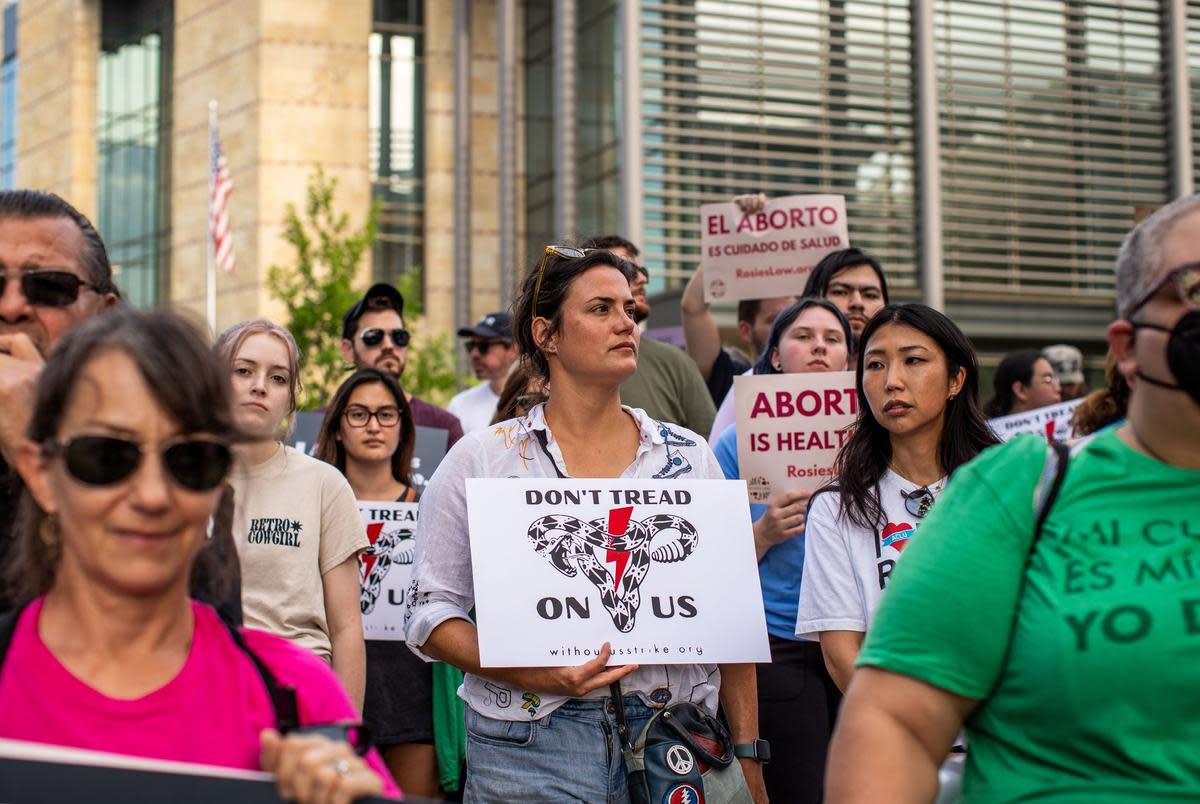 Over 100 people gather for an abortion rights rally at the federal courthouse in San Antonio on May 3, 2022, after a Supreme Court opinion draft that would overturn Roe v. Wade was leaked the night before.