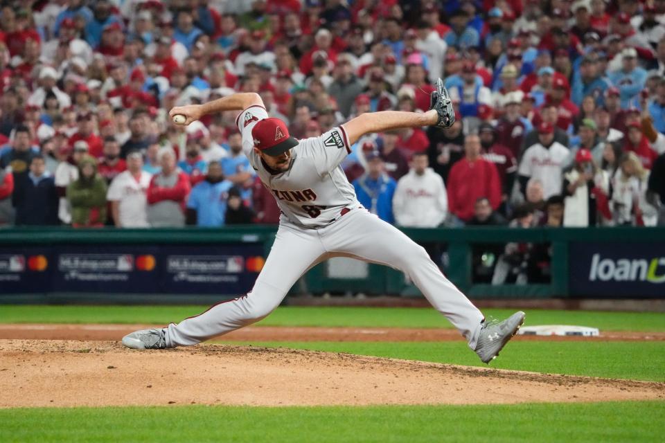 Arizona Diamondbacks relief pitcher Ryan Thompson, a 2010 graduate of Cascade High School in Turner, pitches during the fifth inning against the Philadelphia Phillies in game seven of the NLCS at Citizens Bank Park in Philadelphia on Oct. 24.