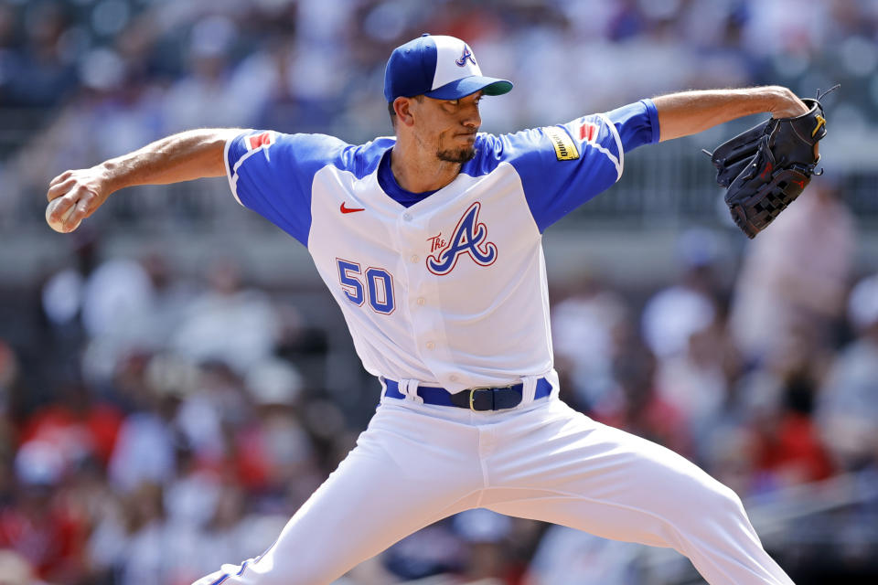 Atlanta Braves starting pitcher Charlie Morton (50) throws against the Miami Marlins in the first inning during a baseball game Saturday, July 1, 2023, in Atlanta. (AP Photo/Alex Slitz)