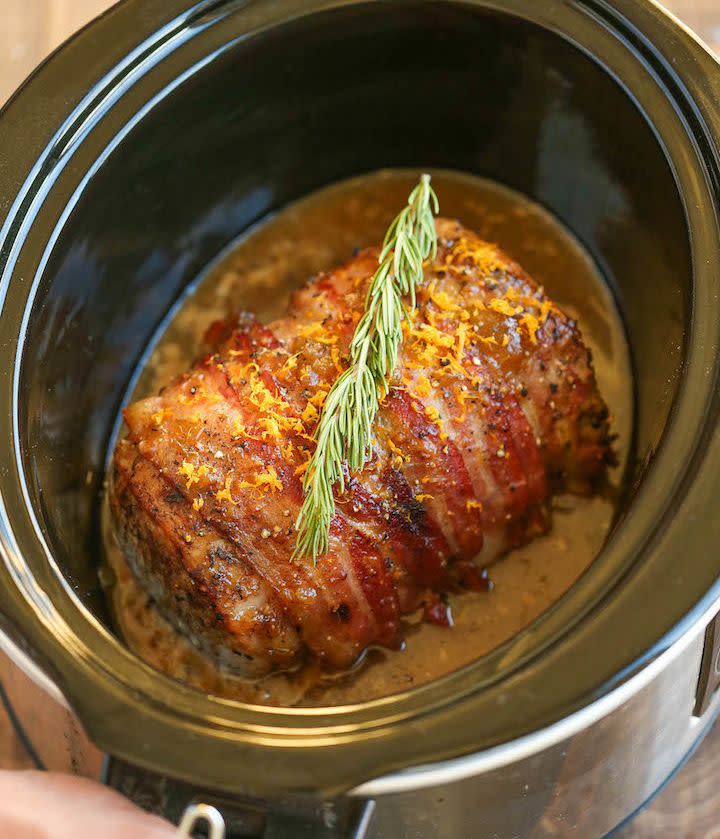 <strong>Get the <a href="http://damndelicious.net/2015/12/14/slow-cooker-bacon-wrapped-pork-loin/" target="_blank">Slow Cooker Bacon Wrapped Pork Loin recipe</a>&nbsp;from&nbsp;Damn Delicious</strong>