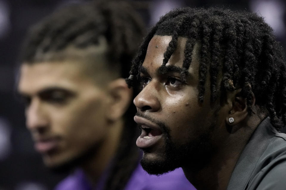 Kansas State's Selton Miguel speaks to the media during Big 12 NCAA college basketball media day Wednesday, Oct. 20, 2021, in Kansas City, Mo. (AP Photo/Charlie Riedel)