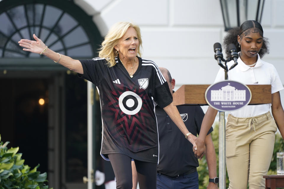 First lady Jill Biden gestures as she arrives to attend the Youth Soccer Clinic with Major League Soccer on the South Lawn of the White House, Monday, July 17, 2023 in Washington. (AP Photo/Manuel Balce Ceneta)