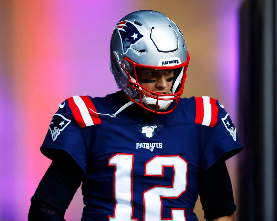 FOXBOROUGH, MASSACHUSETTS - OCTOBER 27: Tom Brady #12 of the New England Patriots looks on before the game between the New England Patriots and the Cleveland Browns at Gillette Stadium on October 27, 2019 in Foxborough, Massachusetts. (Photo by Omar Rawlings/Getty Images)