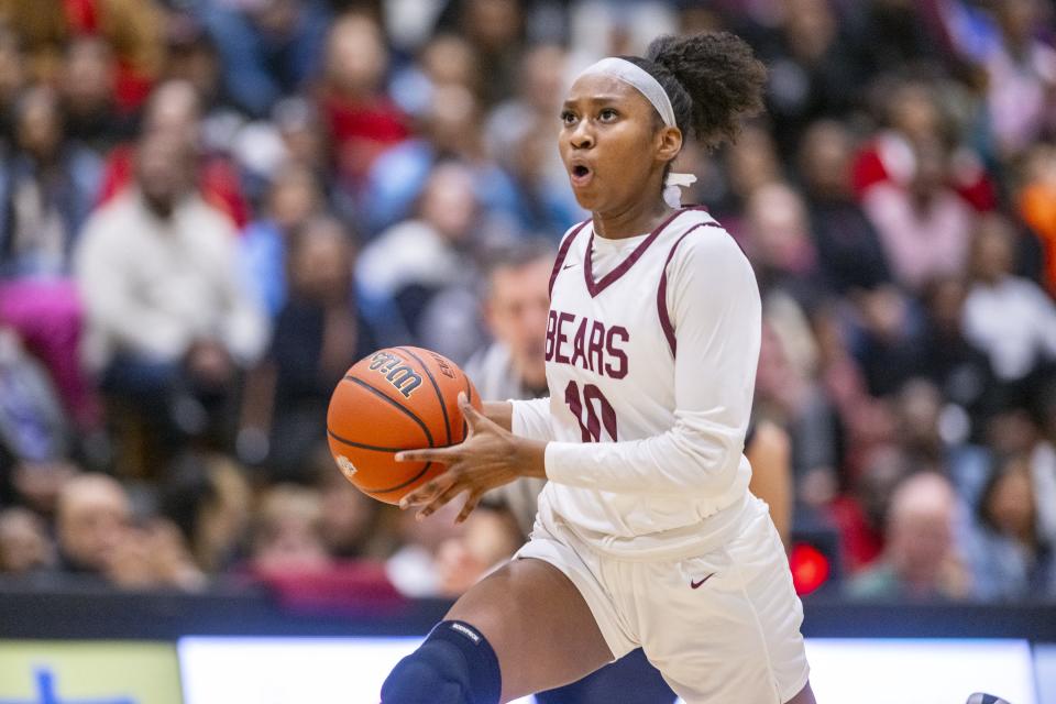 Lawrence Central High School junior Jaylah Lampley (10) brings the ball up court during the first half of an IHSAA Class 4A Sectional semi-final basketball game against Lawrence North High School, Friday, Feb. 2, 2024, at Cathedral High School.