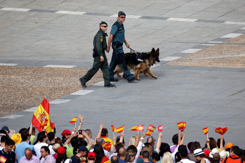 MADRID, SPAIN - JUNE 19:  (EXCLUSIVE COVERAGE - PREMIUM PRICING APPLIES) Crowds of wellwishers wave Spanish flags as policemen work with sniffer dogs at the Royal Palace prior to the King's official coronation ceremony on June 19, 2014 in Madrid, Spain. The coronation of King Felipe VI is held in Madrid. His father, the former King Juan Carlos of Spain abdicated on June 2nd after a 39 year reign. The new King is joined by his wife Queen Letizia of Spain.  (Photo by Pablo Blazquez/CP/Getty Images)