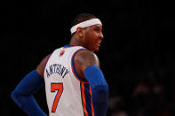 Carmelo Anthony (7) looks on against the Portland Trail Blazers at Madison Square Garden on March 14, 2012 in New York City. (Photo by Chris Trotman/Getty Images)