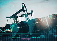 oil pumps and oil barrels with world map and financial chart graphs