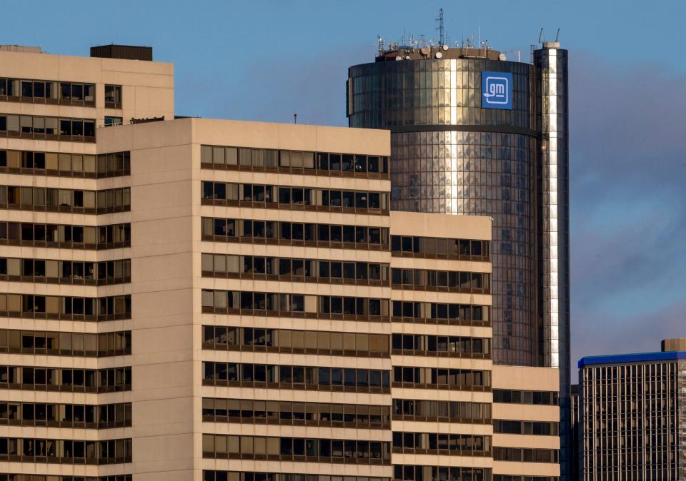 General Motors changes the logo of the Renaissance Center to honor the Detroit Lions with a lion's tail animation in Detroit on Saturday, Jan. 20, 2024.