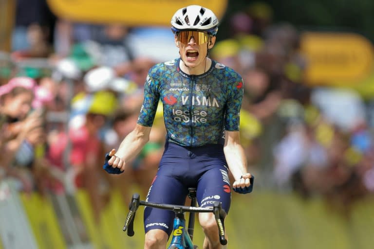 Le coureur danois Jonas Vingegaard à l'arrivée de la 11e étape du Tour de France, au Lioran, le 10 juillet 2024 (Thomas SAMSON)