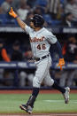 Detroit Tigers' Jeimer Candelario celebrates after his solo home run off Tampa Bay Rays starting pitcher Shane McClanahan during the fifth inning of a baseball game Tuesday, May 17, 2022, in St. Petersburg, Fla. (AP Photo/Chris O'Meara)