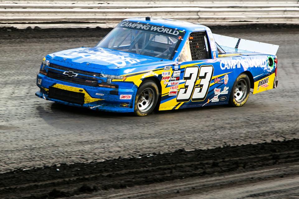 NASCAR Camping World Truck Series driver Devon Rouse (33) drives during the Corn Belt 150, Friday, July 9, 2021, at the Knoxville Raceway in Knoxville, Iowa.