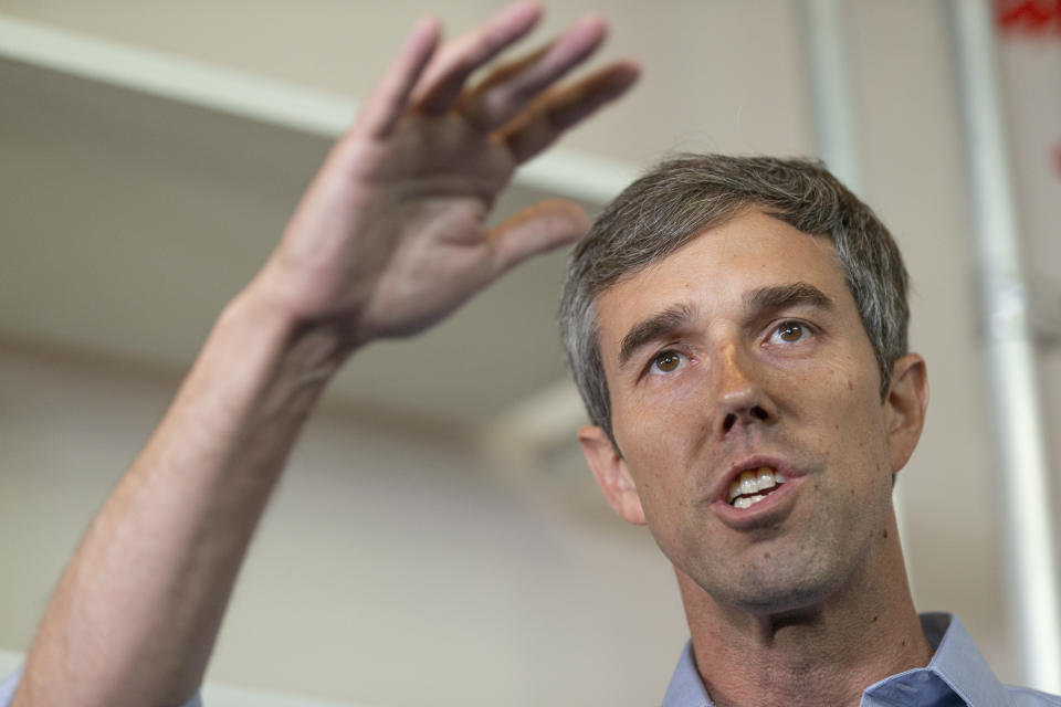 Democratic presidential candidate and former Texas Rep. Beto O'Rourke takes questions about gun control after visiting the Skid Row Downtown Women's Center in Los Angeles, Tuesday, Sept. 17, 2019. (AP Photo/Damian Dovarganes)