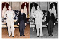 This photo combination shows digital colorization, left, by Anju Niwata and Hidenori Watanave, and its original black and white Kyodo photo that Japanese Emperor Hirohito, right, meets Gen. Douglas MacArthur at the U.S. Embassy in Tokyo on Sep. 27, 1945. Niwata and Watanave are adding color to pre-war and wartime photographs using a combination of methods. These include AI technologies, but also traditional methods to fill the gaps in automated coloring. These include going door to door interviewing survivors who track back childhood memories, and communicating on social media to gather information from a wider audience. The team has brought to life more than a thousand black-and-white photographs that illustrate the pre-war lives of ordinary people and chronicles the onset and destruction caused by World War II. (Kyodo News/Anju Niwata & Hidenori Watanave via AP)