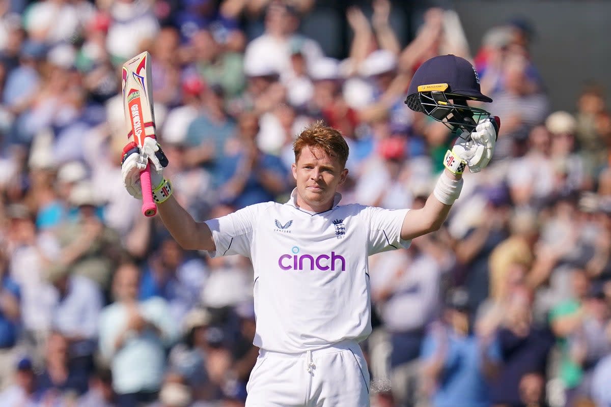 Ollie Pope celebrates his double hundred for England against Ireland (PA Wire)