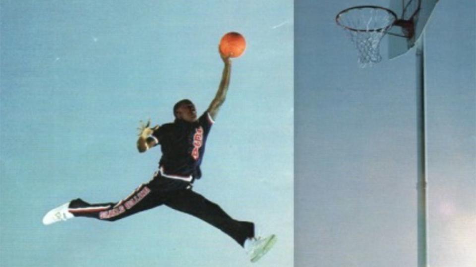 A scan of the two-page spread featuring Co Rentmeester’s photo of Michael Jordan in a 1984 issue of <em>Life </em>magazine.