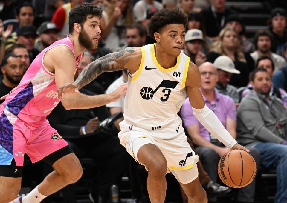 Utah Jazz guard <a class="link " href="https://sports.yahoo.com/nba/players/10100" data-i13n="sec:content-canvas;subsec:anchor_text;elm:context_link" data-ylk="slk:Keyonte George;sec:content-canvas;subsec:anchor_text;elm:context_link;itc:0">Keyonte George</a> (3) dribbles toward the basket as the Jazz and the New Zealand Breakers play at the Delta Center in Salt Lake City on Monday, Oct. 16, 2023. | Scott G Winterton, Deseret News