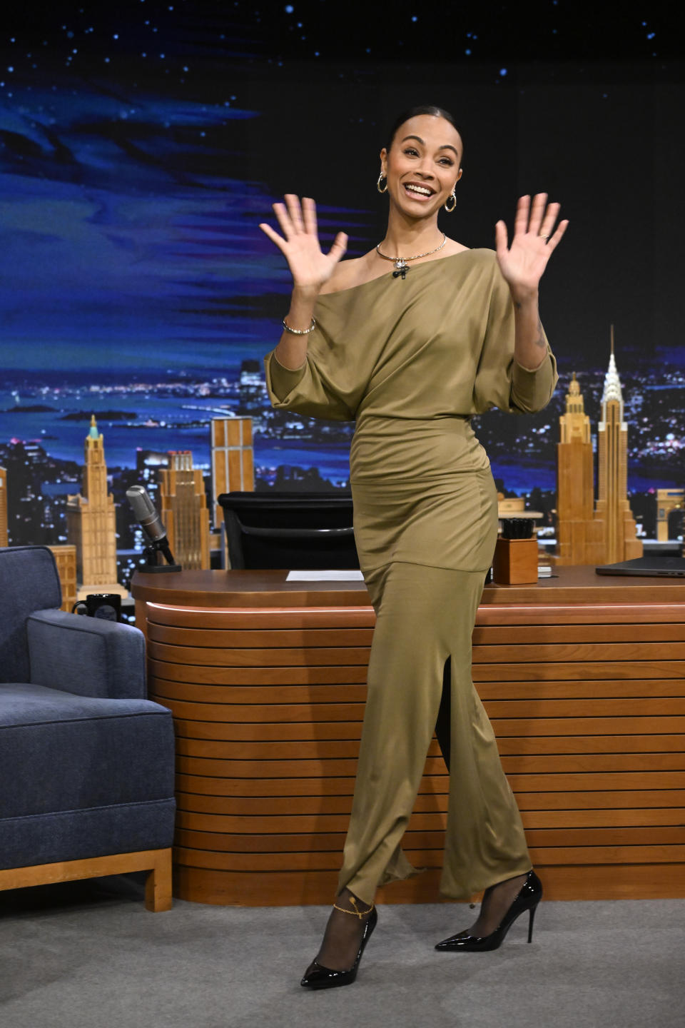 THE TONIGHT SHOW STARRING JIMMY FALLON -- Episode 1950 -- Pictured: Actress Zoe Saldaña arrives on Thursday, March 28, 2024 -- (Photo by: Todd Owyoung/NBC via Getty Images)