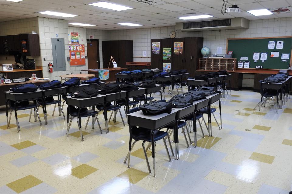 A classroom at River View Intermediate School with backpacks from the Coshocton Regional Medical Center school supplies drive ready for incoming students. The former junior high became the home for third to sixth grade students with reconfiguration.
