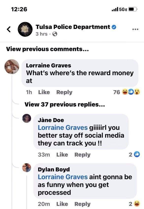 The police department shared a screenshot of Graves' comment, which received 37 replies and was ultimately deleted.  / Credit: Tulsa Police Department