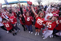 Kansas City Chiefs fans cheer prior to the NFL Super Bowl 57 football game between the Kansas City Chiefs and the Philadelphia Eagles, Sunday, Feb. 12, 2023, in Glendale, Ariz. (AP Photo/Charlie Riedel)
